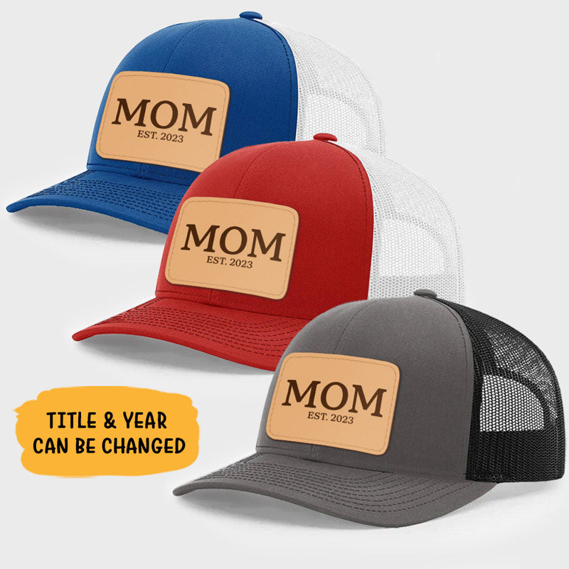 Dad EST, Personalized Trucker Leather Patch Hat, Gift For Dad - Image 2