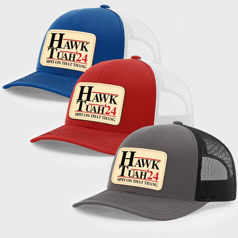 Hawk Tuah Spit On That Thang, Personalized Trucker Leather Patch Hat, Election 2024 - Image 3