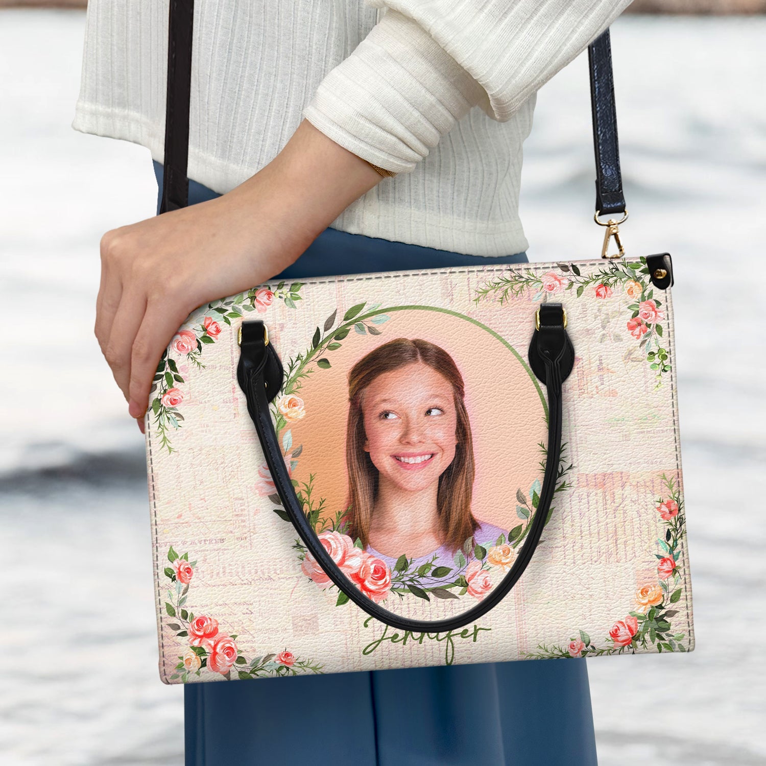 Custom Photo Floral Monogram - Gift For Her - Personalized Leather Bag - Image 3