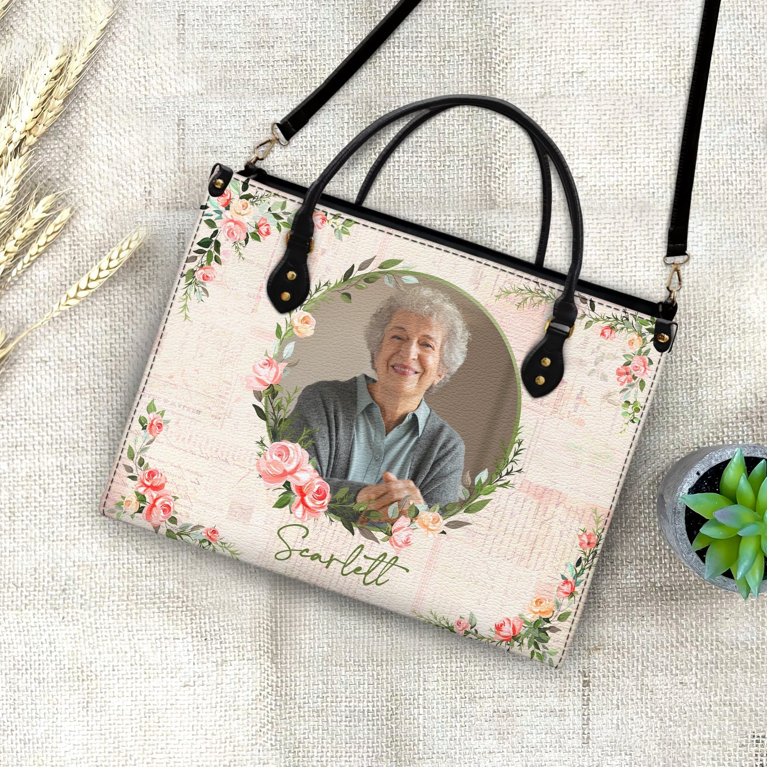 Custom Photo Floral Monogram - Gift For Her - Personalized Leather Bag - Image 4