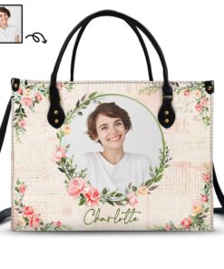 Custom Photo Floral Monogram - Gift For Her - Personalized Leather Bag