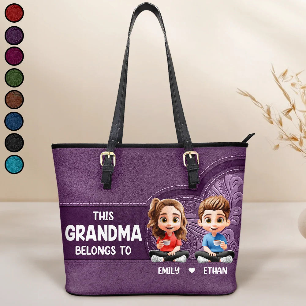 Cartoon Kid This Grandma Belongs To - Personalized Leather Tote Bag