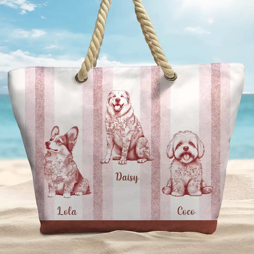 Chinoiserie Toile Dog On Stripes - Personalized Beach Bag - Image 2