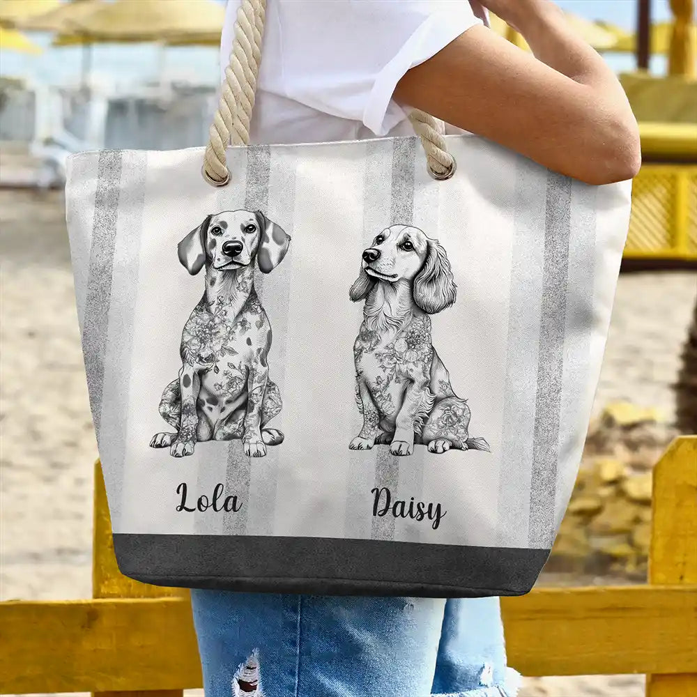 Chinoiserie Toile Dog On Stripes - Personalized Beach Bag - Image 3