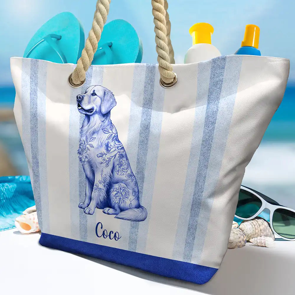 Chinoiserie Toile Dog On Stripes - Personalized Beach Bag - Image 4
