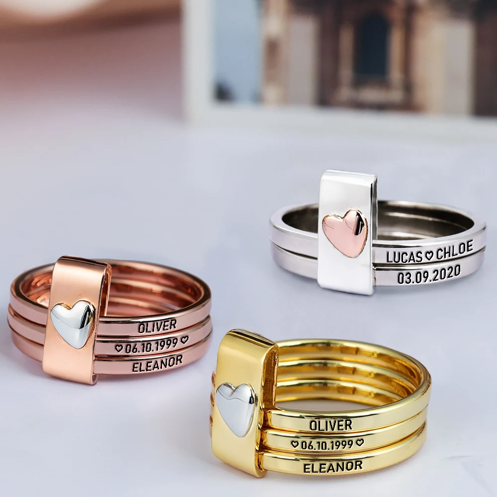Custom Couples Names With Anniversary Date - Personalized Heart Stacking Rings - Image 2