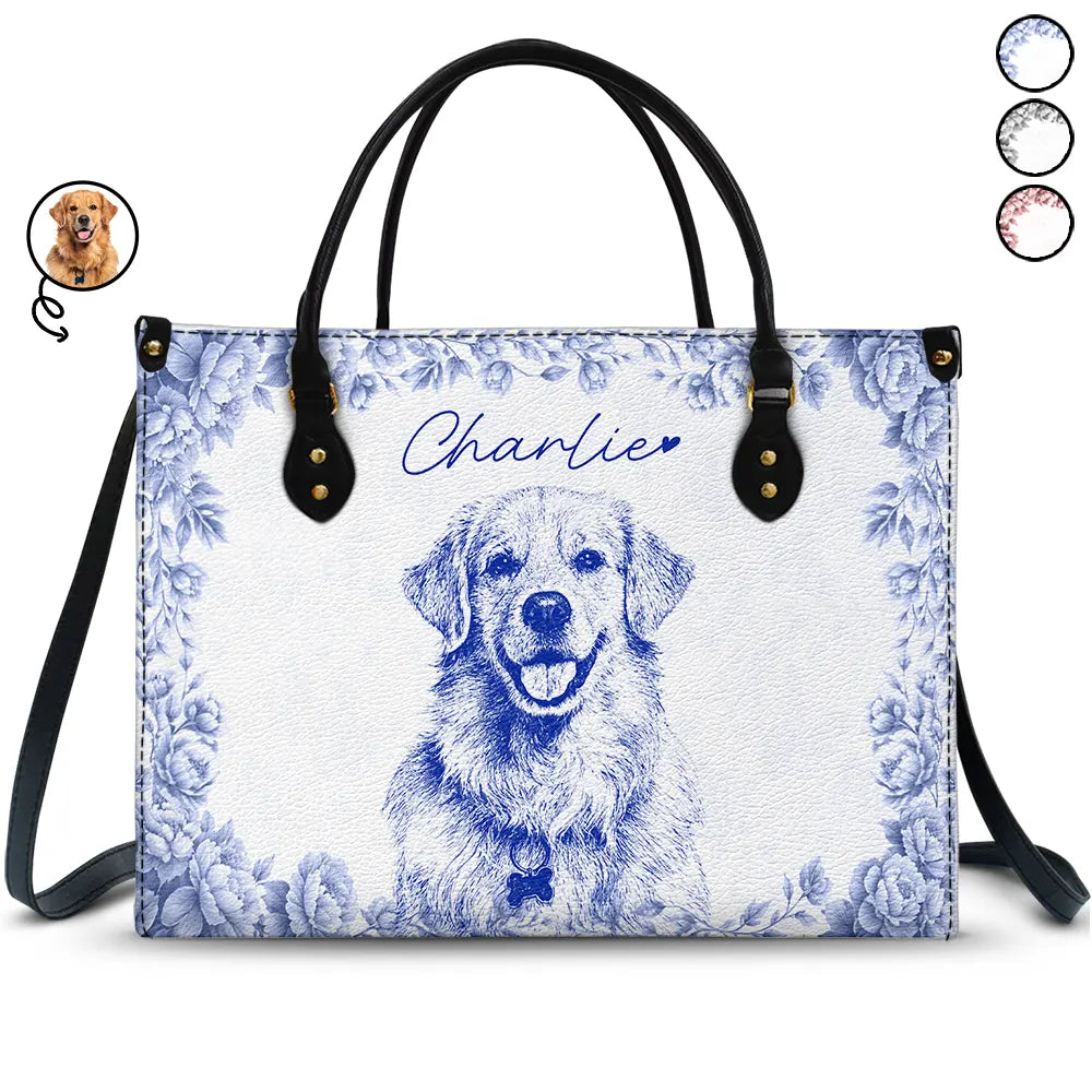 Custom Photo Pencil Sketch Family Dog Cat Portrait - Personalized Leather Bag