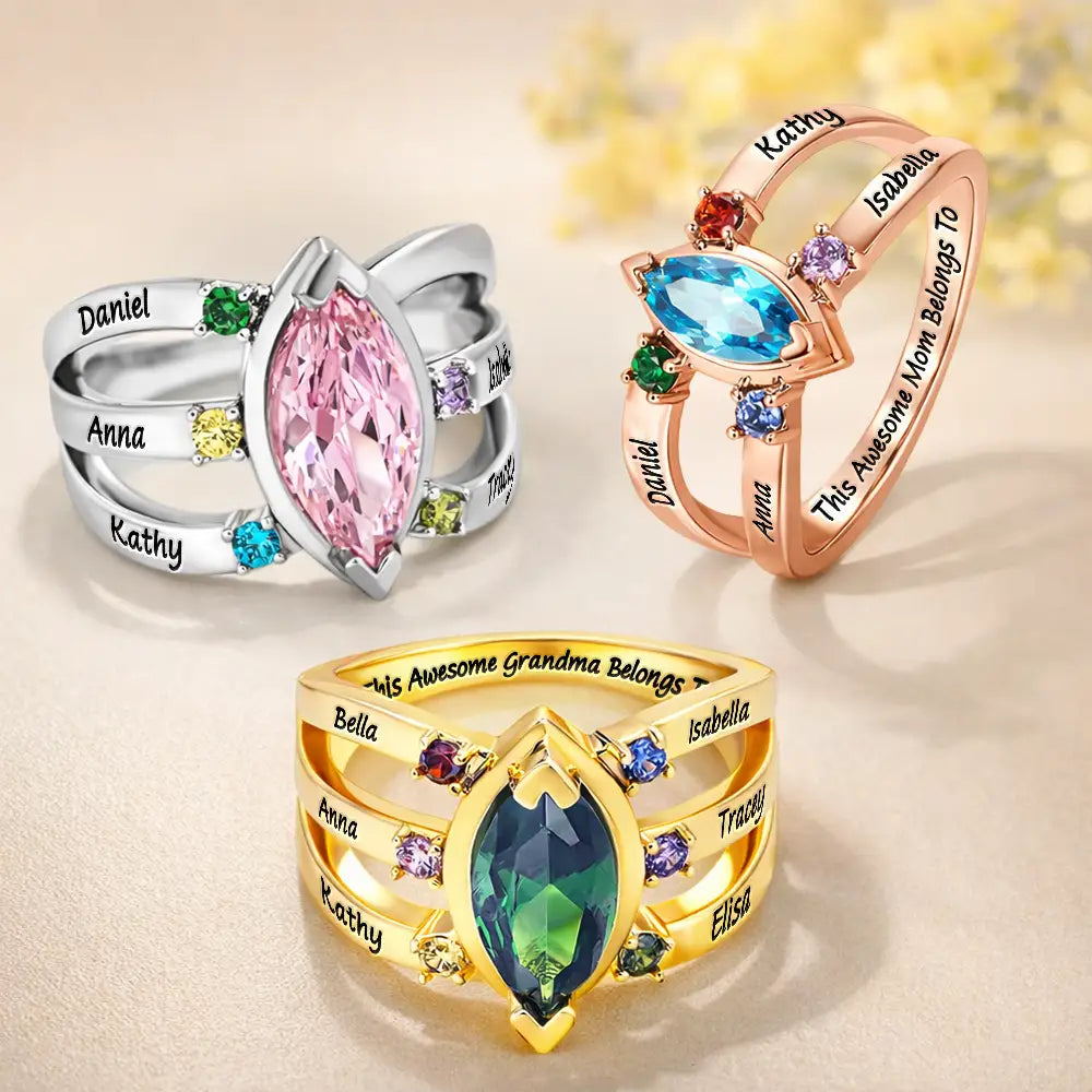 This Awesome Mom Belongs Engraved With Kids Name Gemstones - Personalized Birthstone Ring - Image 2
