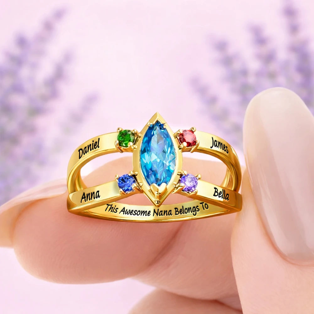 This Awesome Mom Belongs Engraved With Kids Name Gemstones - Personalized Birthstone Ring - Image 3