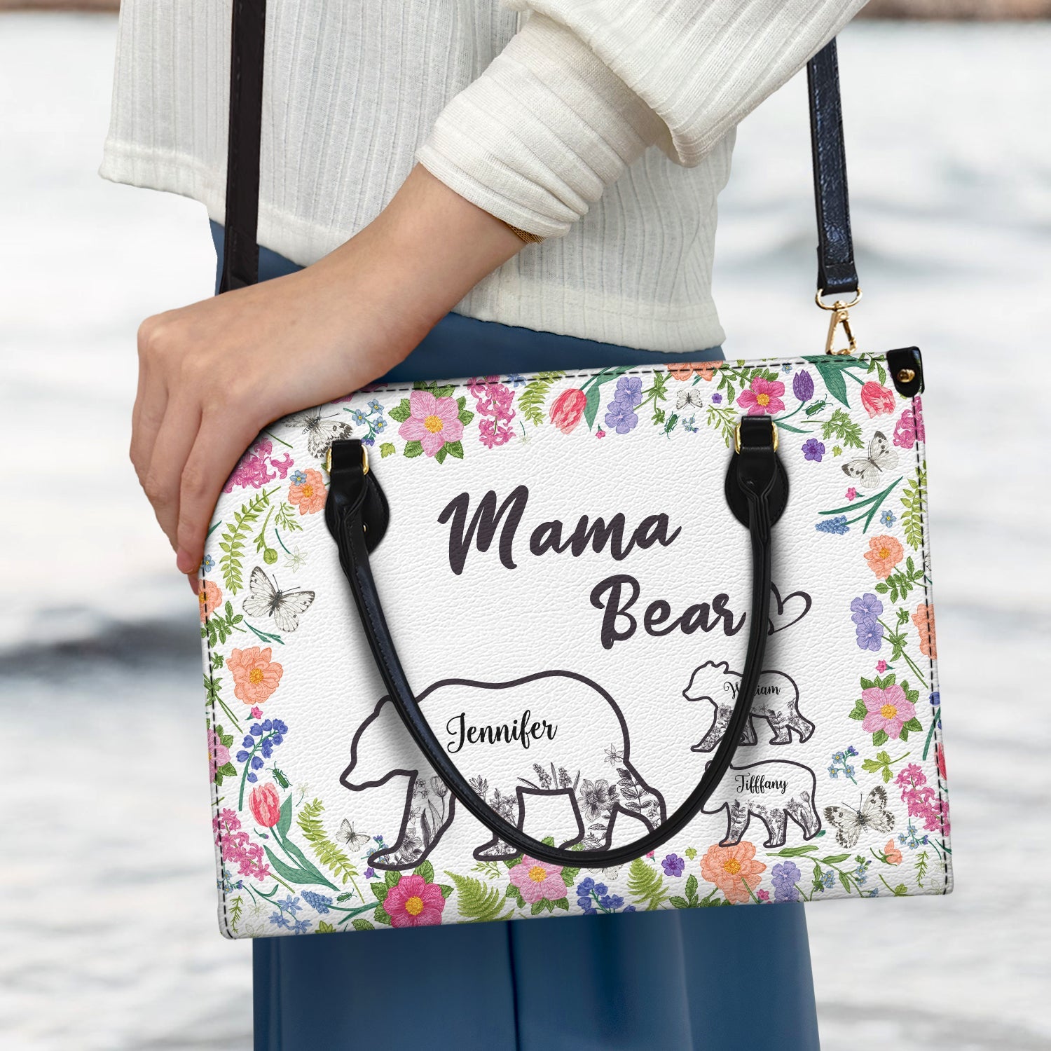 Floral Mama Bear - Gift For Mother - Personalized Leather Bag - Image 3