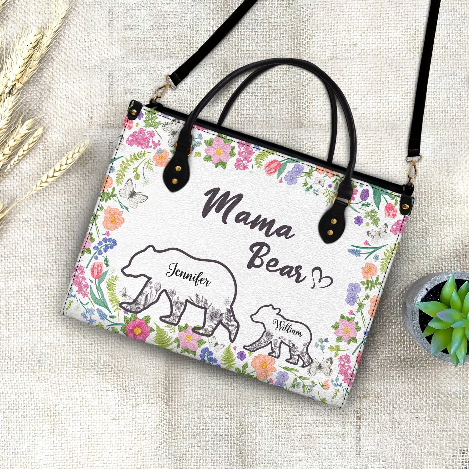 Floral Mama Bear - Gift For Mother - Personalized Leather Bag - Image 4