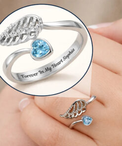 Forever In My Heart Memorial - Personalized Wing And Heart Birthstone Ring