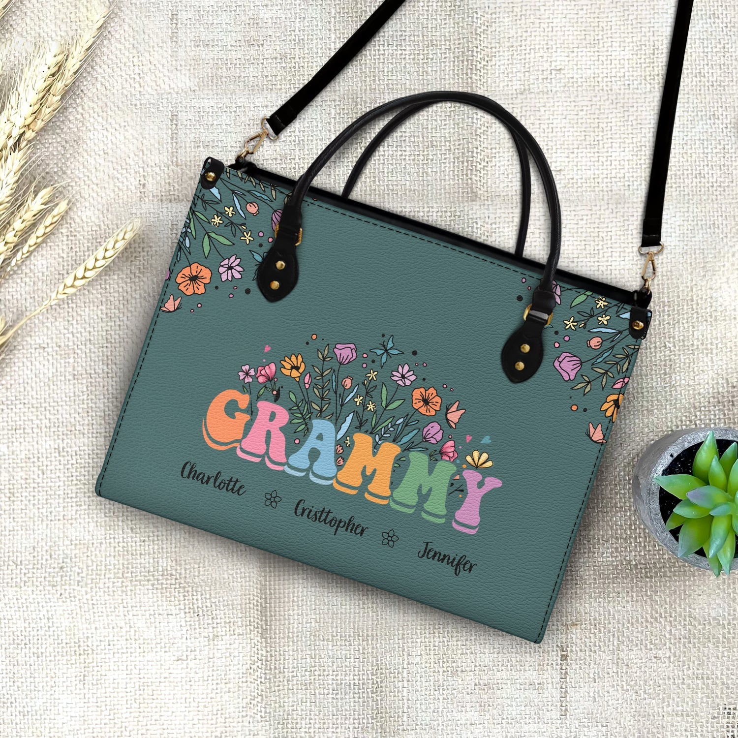 Mom Grandma Floral - Gift For Mother, Grandmother - Personalized Leather Bag - Image 4
