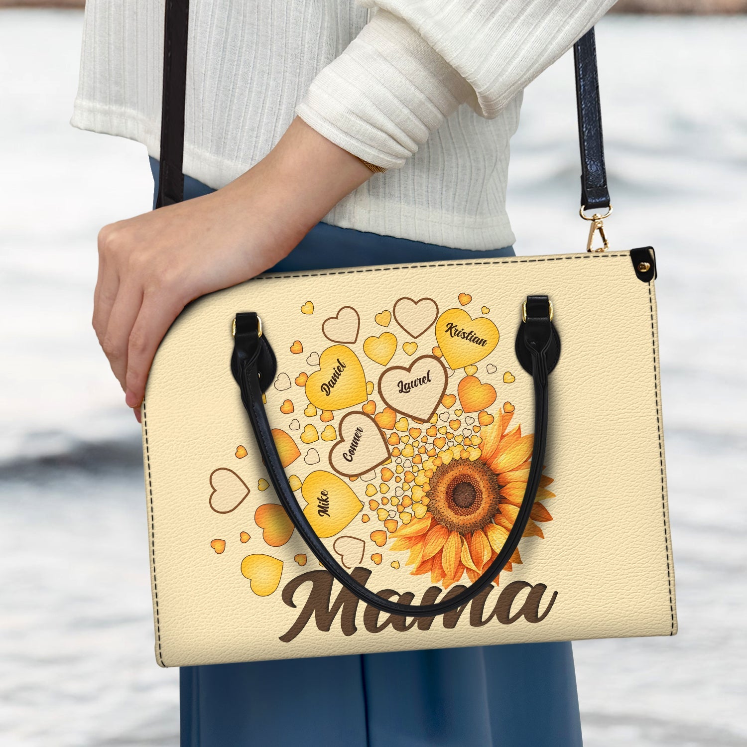 Grandma Mom Kids Sunflower - Gift For Mother, Grandmother - Personalized Leather Bag - Image 3