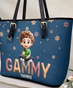Alternative view of Grandma Grandkid Cartoon - Personalized Leather Tote Bag