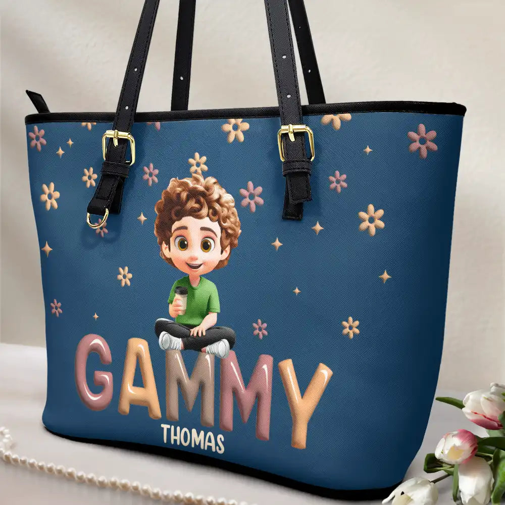 Grandma Grandkid Cartoon - Personalized Leather Tote Bag - Image 2