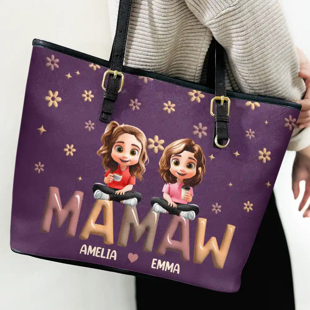 Grandma Grandkid Cartoon - Personalized Leather Tote Bag - Image 3