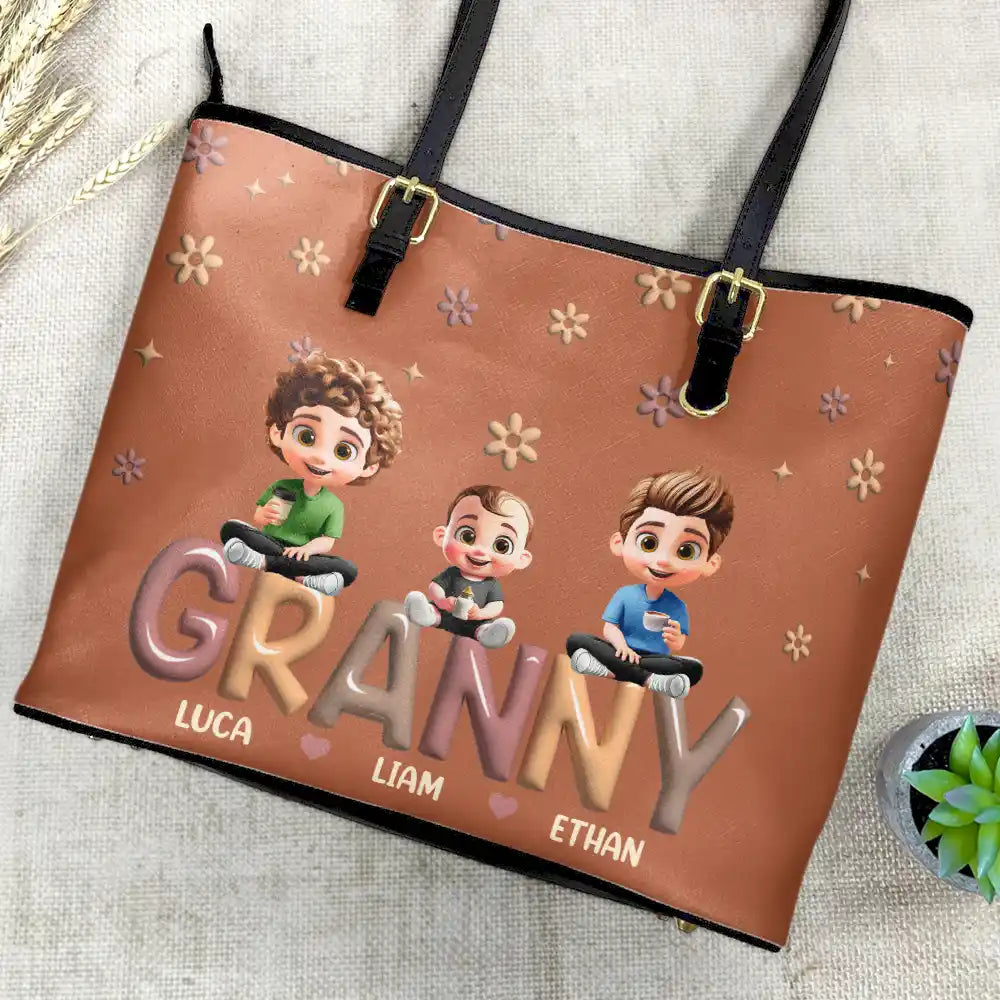Grandma Grandkid Cartoon - Personalized Leather Tote Bag - Image 4
