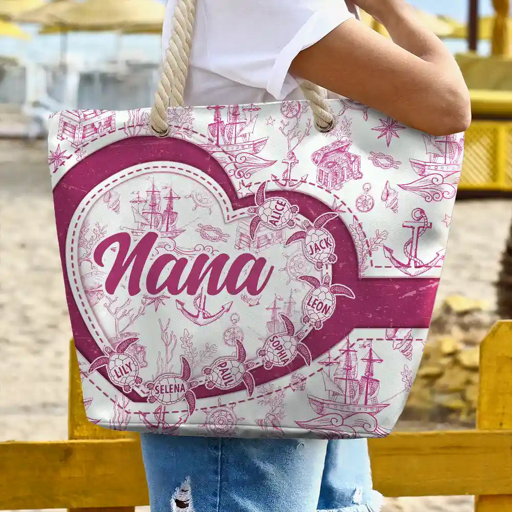 Grandma Mom Turtle Heart Toile - Personalized Beach Bag - Image 3