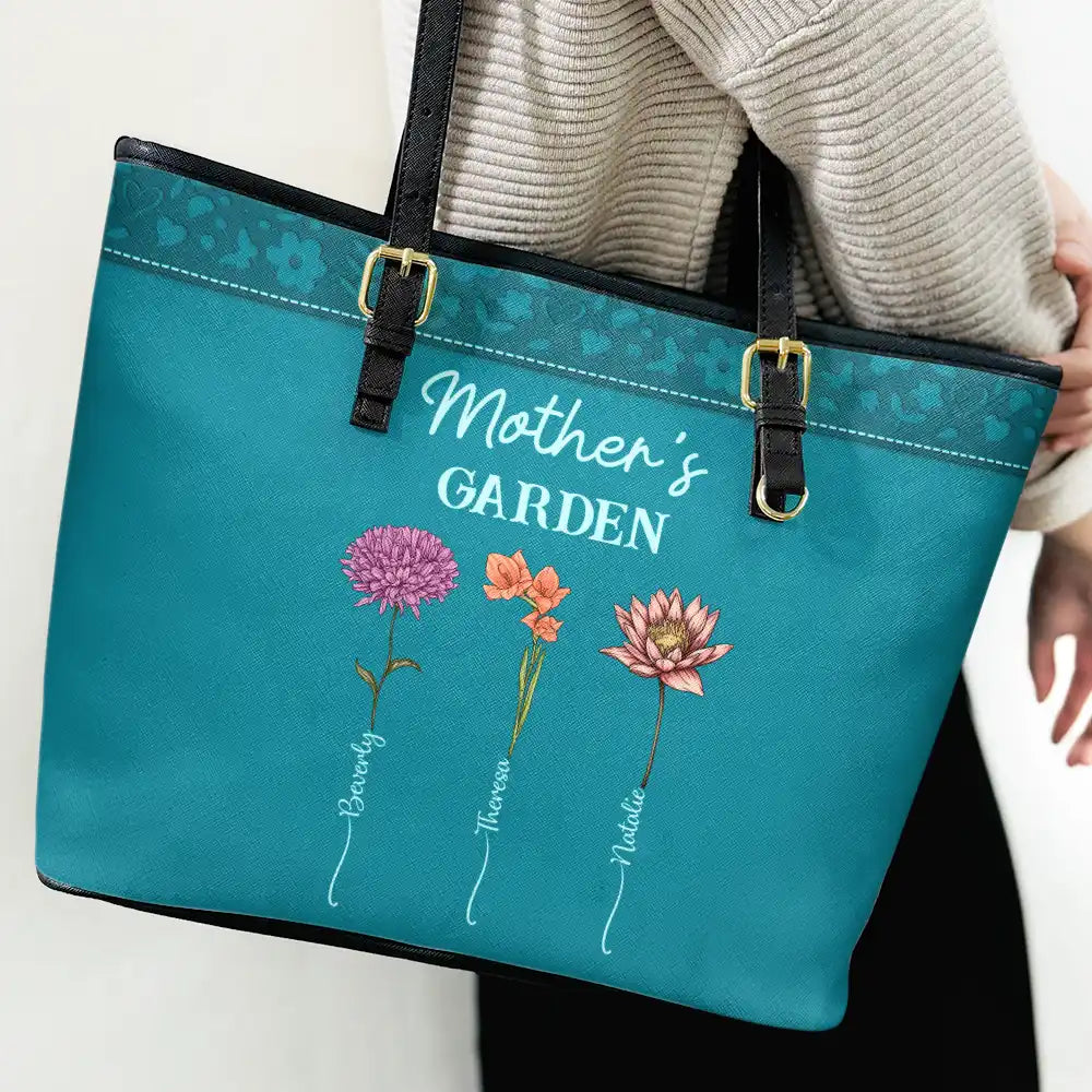 Grandma's Garden Birth Flower - Personalized Leather Tote Bag - Image 3