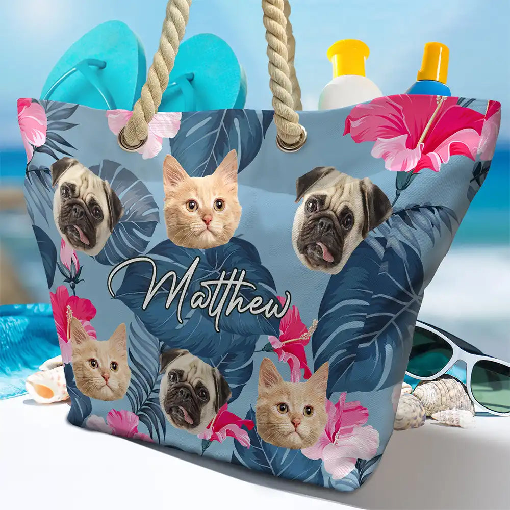 Custom Photo Funny Family Pet Face - Personalized Beach Bag - Image 5