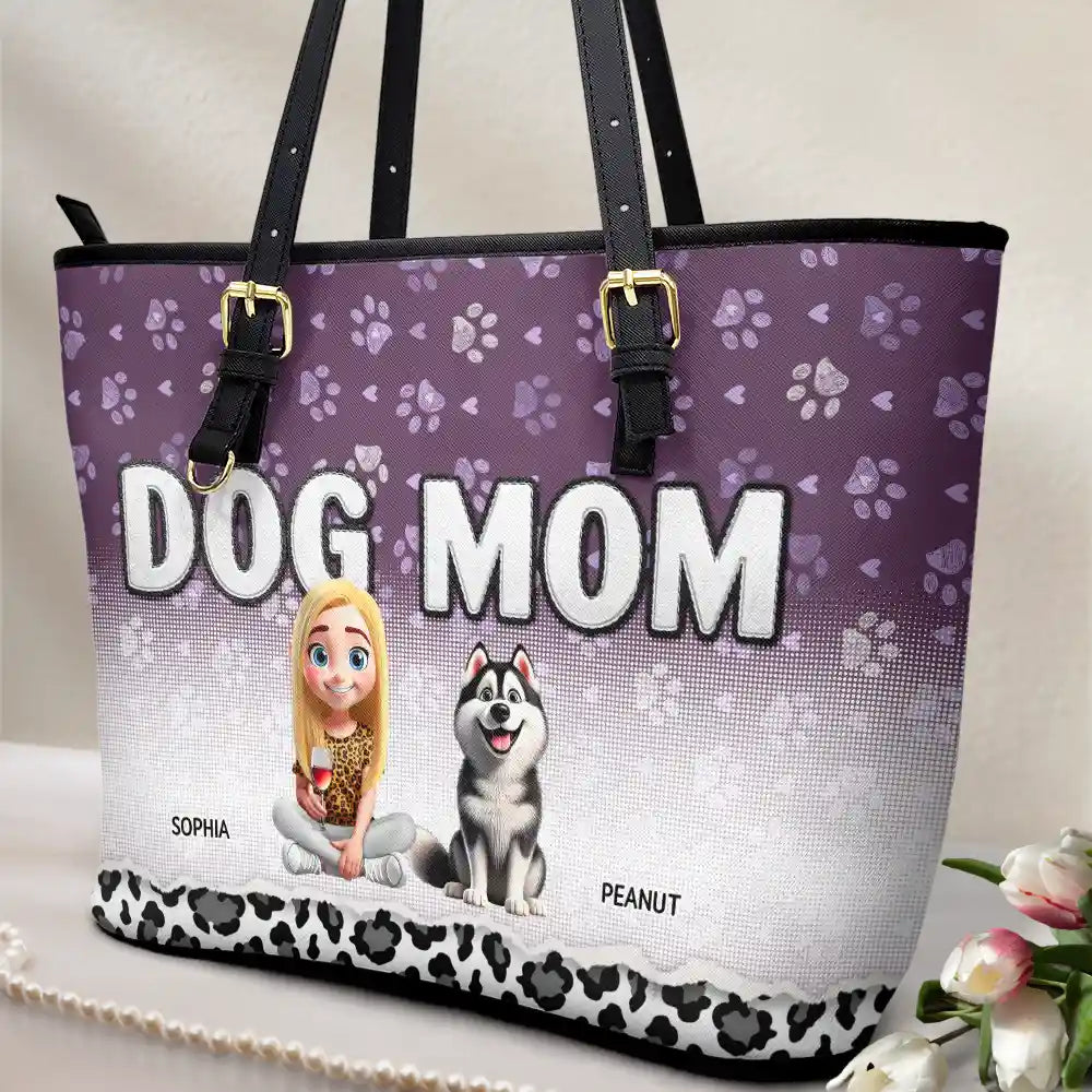 Leopard Dog Mom - Personalized Leather Tote Bag - Image 2