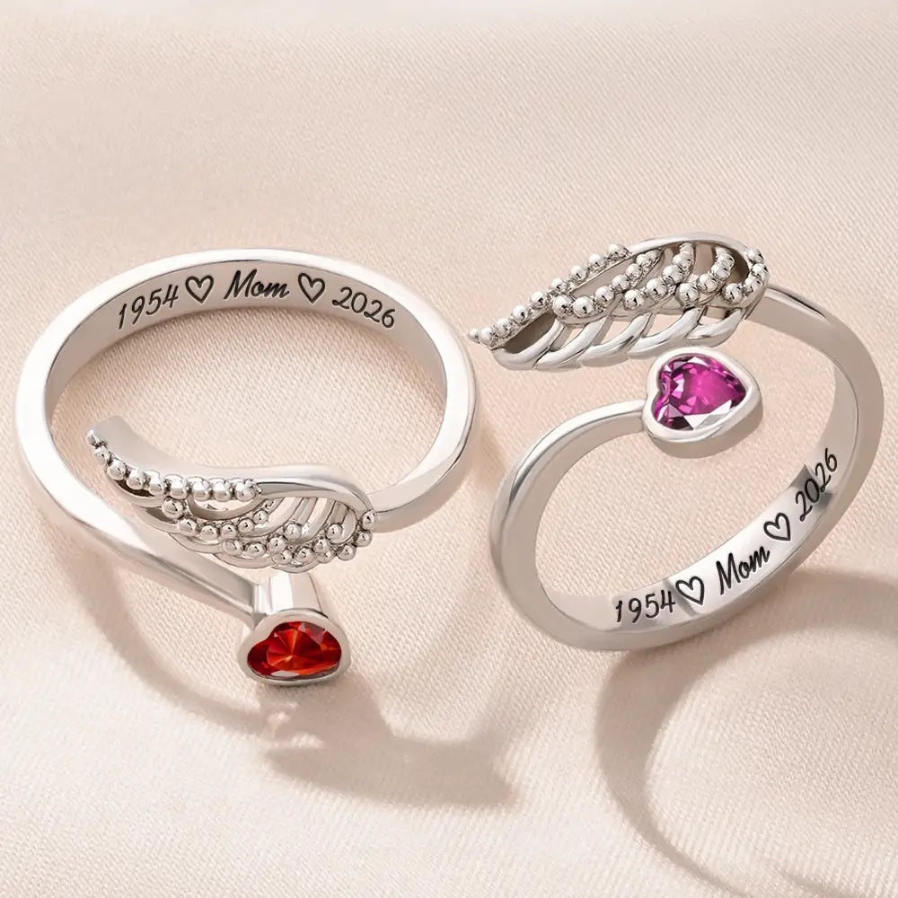 Memorial Family Mom Dad With Name & Year - Personalized Wing And Heart Birthstone Ring - Image 2