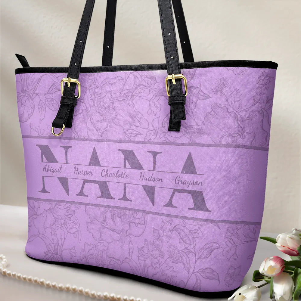 Mom Floral Design Trendy Bag - Personalized Leather Tote Bag - Image 2