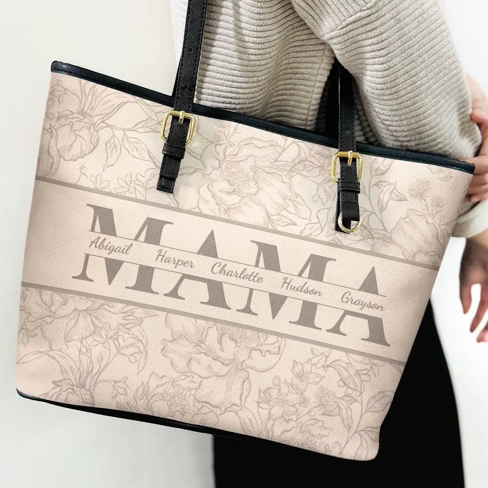 Mom Floral Design Trendy Bag - Personalized Leather Tote Bag - Image 3