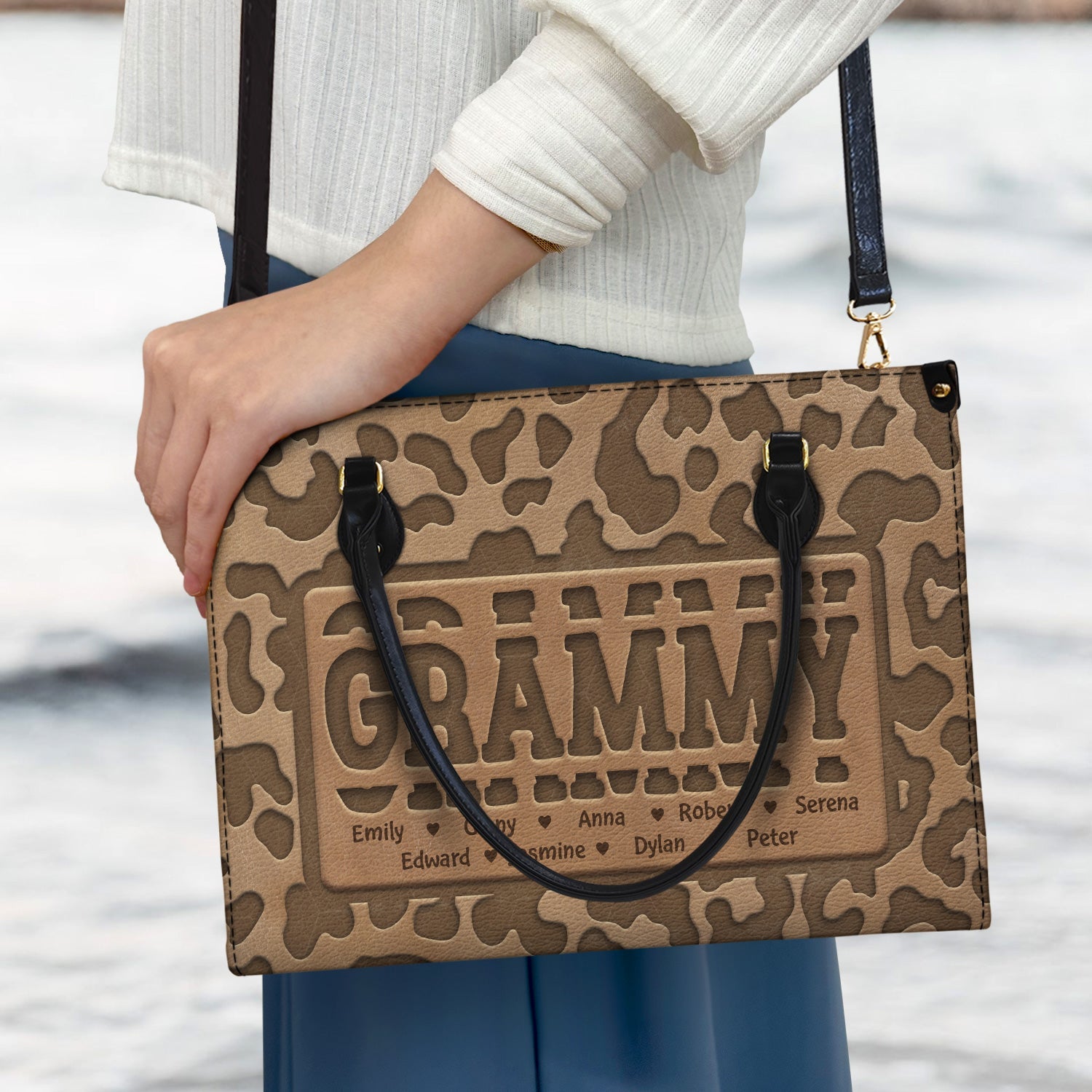 Mom Grandma Title Leopard Pattern - Birthday, Loving Gift For Grandmother, Mother, Mom - Personalized Leather Bag - Image 3