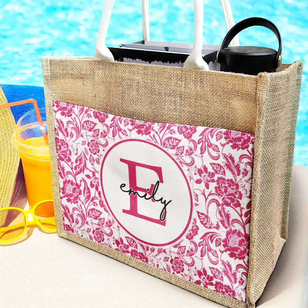 Monogram Floral Pattern Custom - Personalized Jute Tote Bag - Image 2
