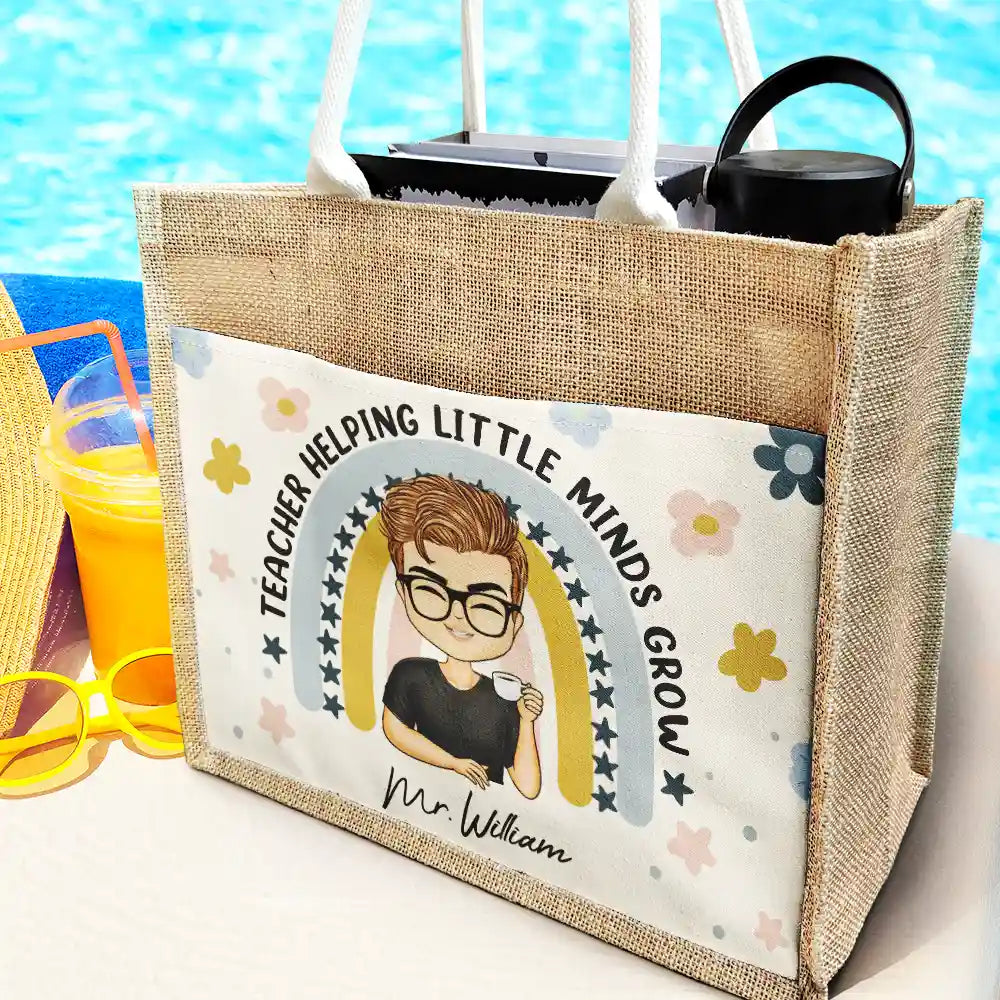 Teacher Helping Little Minds Grow - Personalized Jute Tote Bag - Image 2