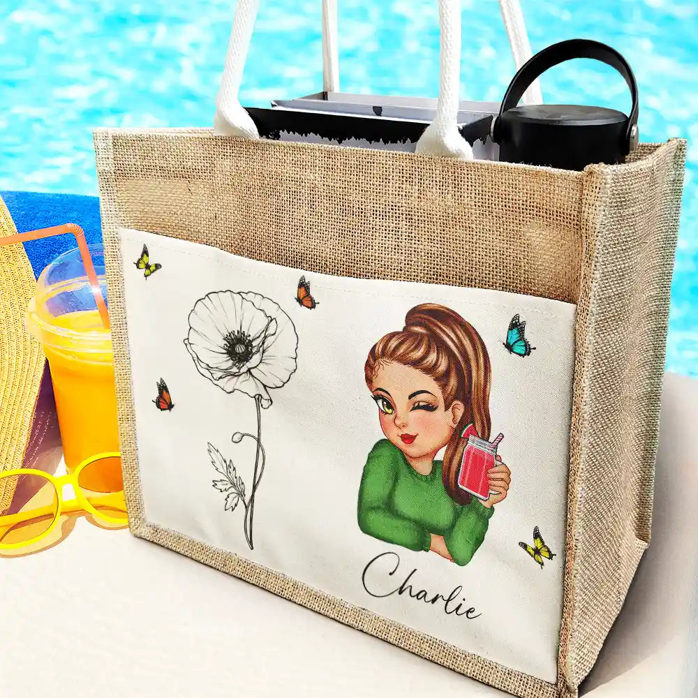 Line Wild Flower Cartoon Woman - Personalized Jute Tote Bag - Image 2