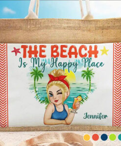 The Beach Is My Happy Place - Personalized Jute Tote Bag