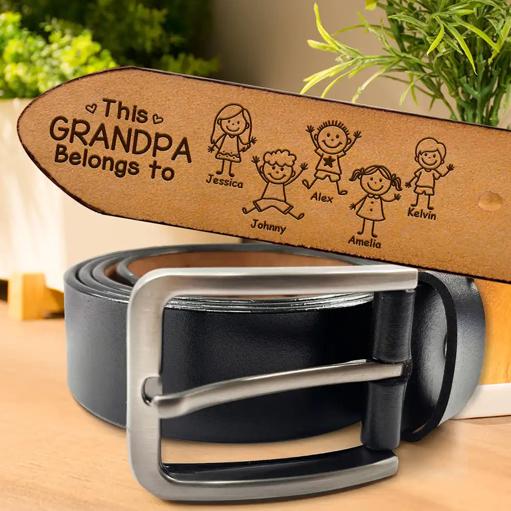 This Grandpa Dad Belongs To Kids Pet - Personalized Engraved Leather Belt