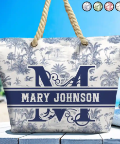 Toile De Jouy Beach Pattern Monogram - Personalized Beach Bag