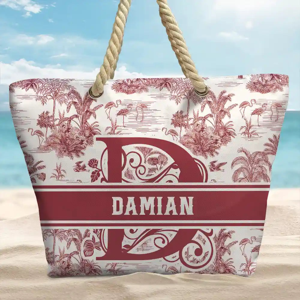 Toile De Jouy Beach Pattern Monogram - Personalized Beach Bag - Image 2