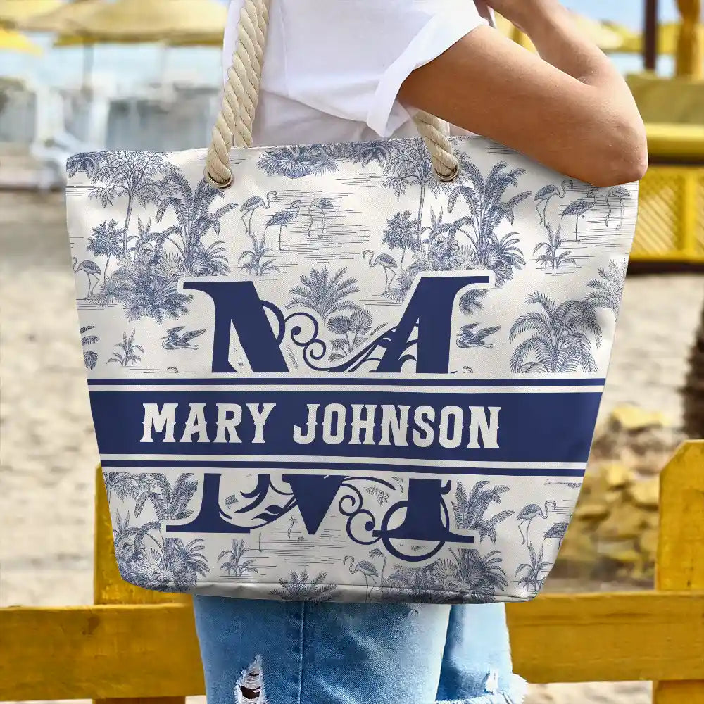 Toile De Jouy Beach Pattern Monogram - Personalized Beach Bag - Image 3