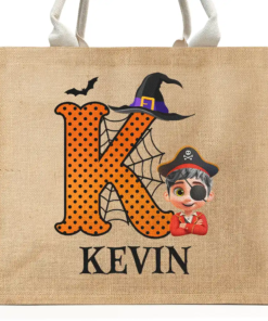Trick Or Treat Kid Monogram Halloween - Personalized Jute Beach Bag