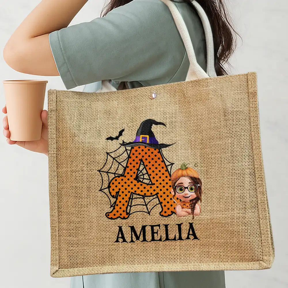 Trick Or Treat Kid Monogram Halloween - Personalized Jute Beach Bag - Image 3