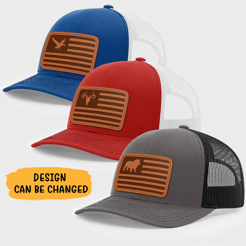 American Flag Hat, Personalized Trucker Leather Patch Hat, Hunting Hat, Gift For Dad - Image 2